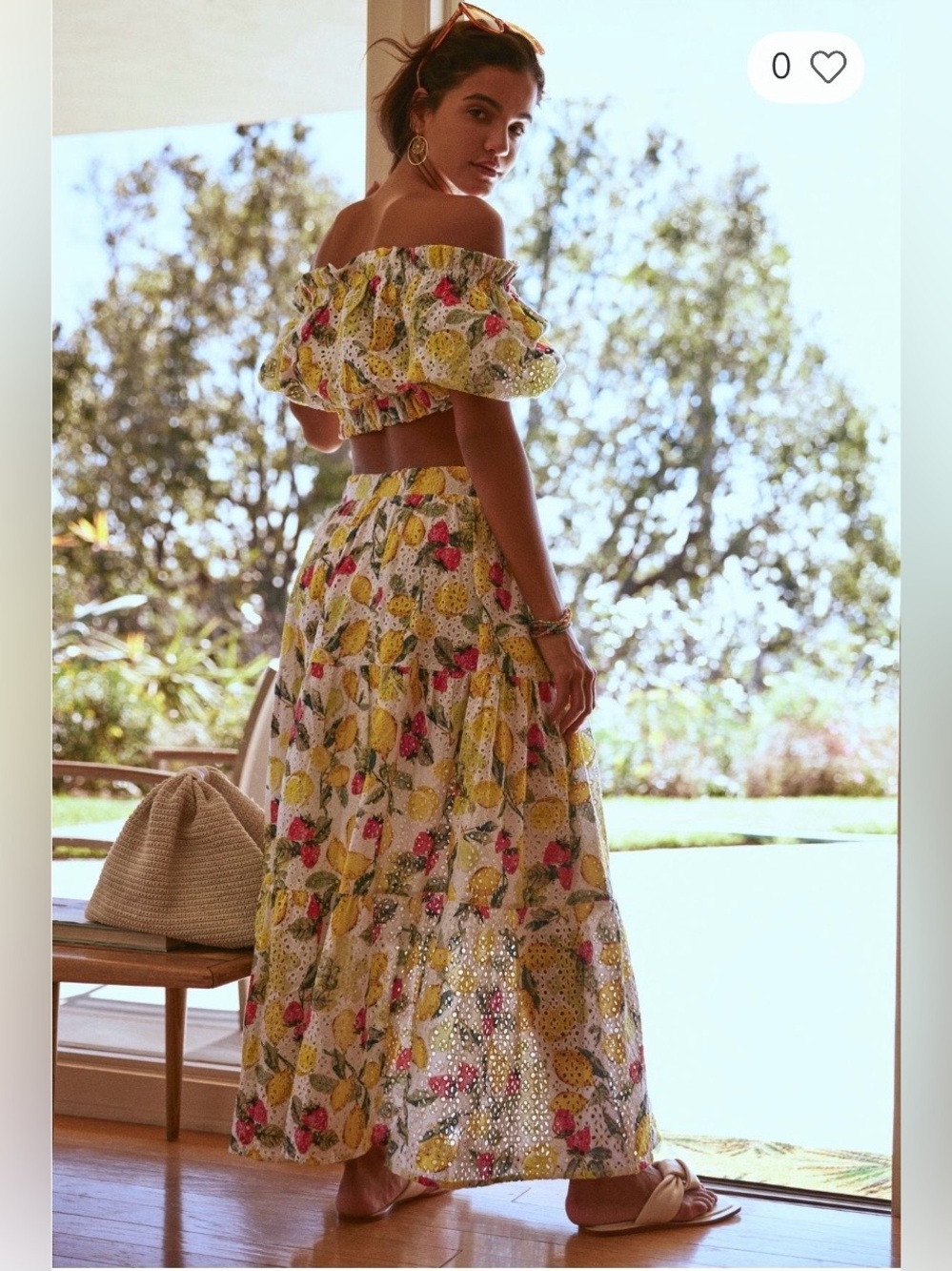 Anthropologie Seafolly Lemoncello Off Shoulder Crop Top & Tiered Skirt Set M